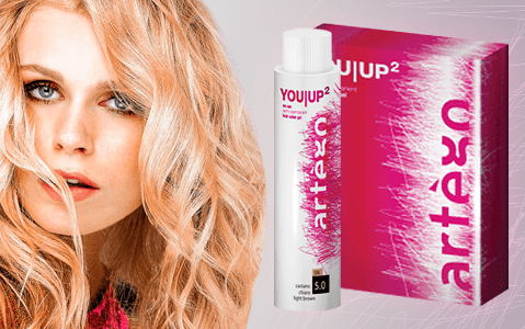 Artego You|Up 2 Artego You|Up 2 product with box next to a model with blonde hair.